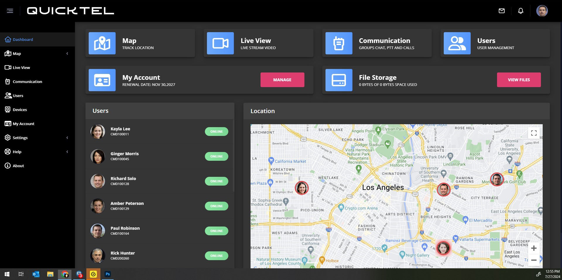 QUICKTEL Command Center dashboard showing users and locations